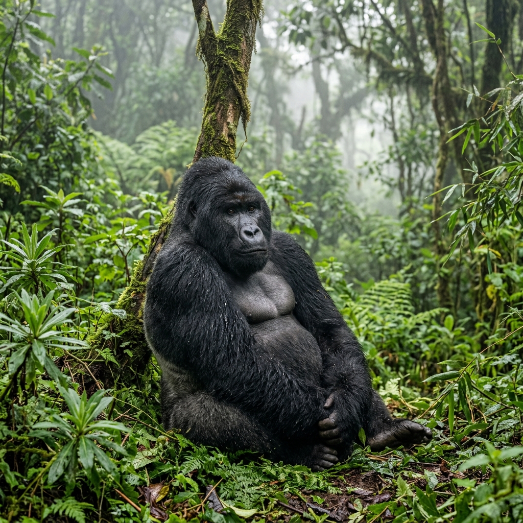 Majestic silverback mountain gorilla in Bwindi Impenetrable Forest