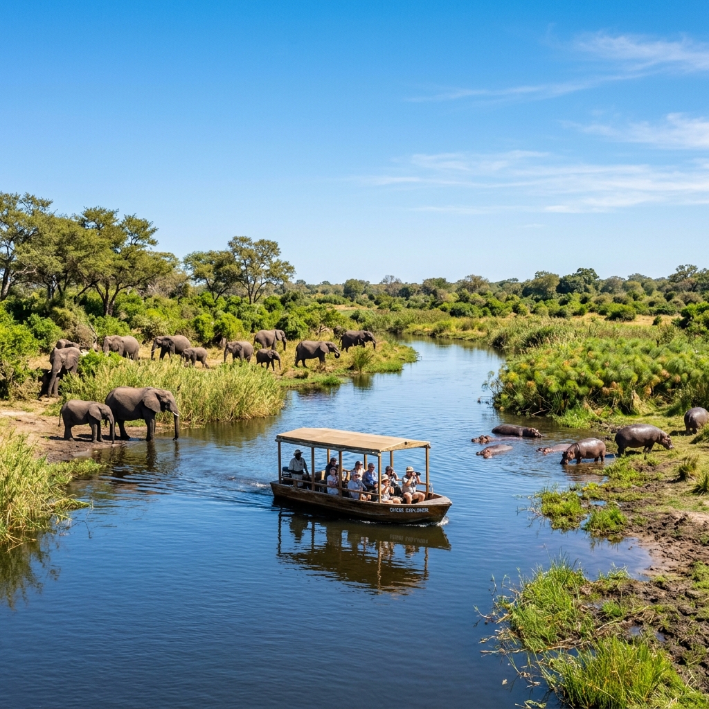 Tour boat cruising along Kazinga Channel with grazing elephants